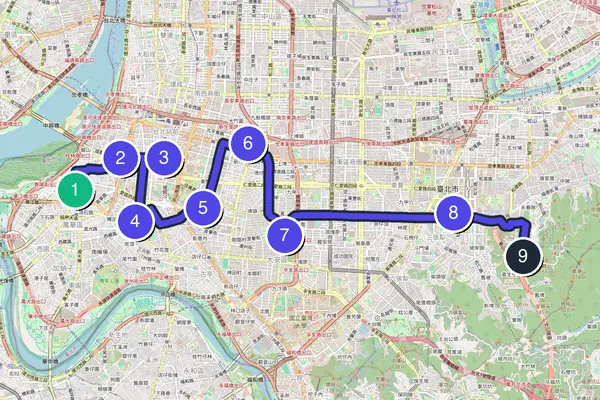 Routenkarte des Stadtrundgangs durch Taipeh