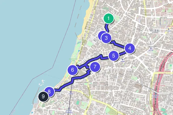 Walking tour route map of Tel Aviv