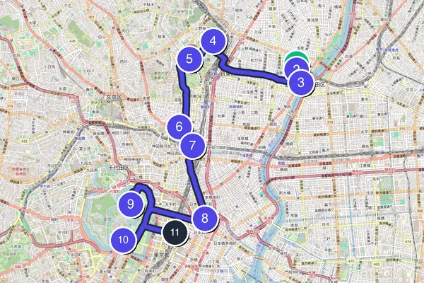 Walking tour route map of Tokyo