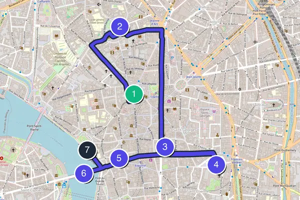 Routenkarte des Stadtrundgangs durch Toulouse