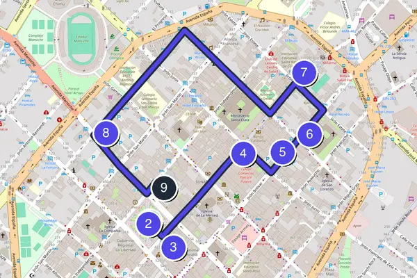 Walking tour route map of Trujillo