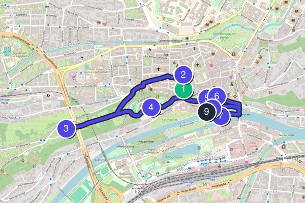 Routenkarte des Stadtrundgangs durch Tübingen