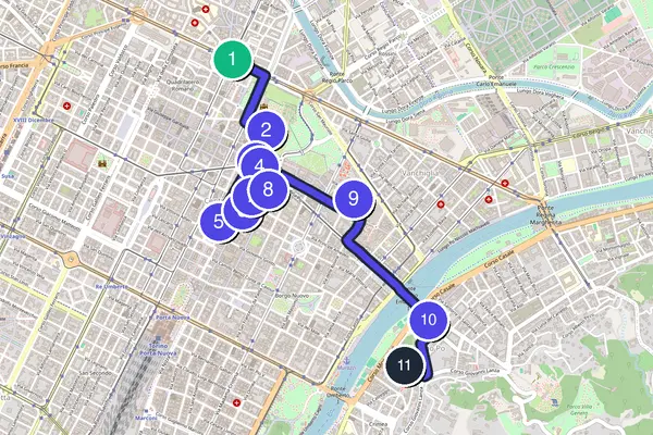 Routenkarte des Stadtrundgangs durch Turin