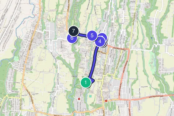 Routenkarte des Stadtrundgangs durch Ubud