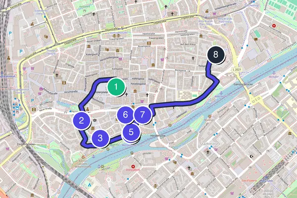 Walking tour route map of Ulm