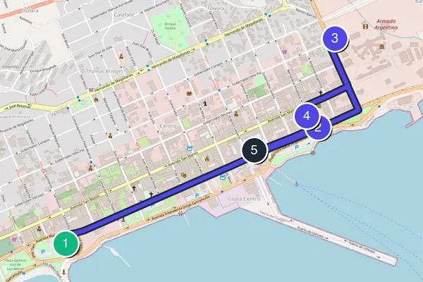 Walking tour route map of Ushuaia