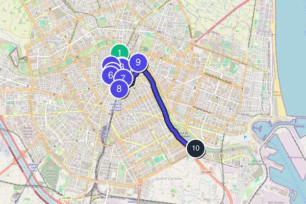 Routenkarte des Stadtrundgangs durch Valencia