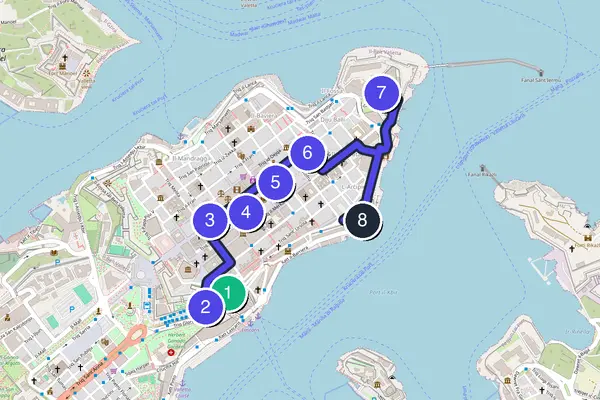 Routenkarte des Stadtrundgangs durch Valletta