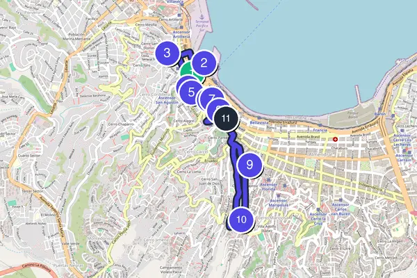 Routenkarte des Stadtrundgangs durch Valparaíso