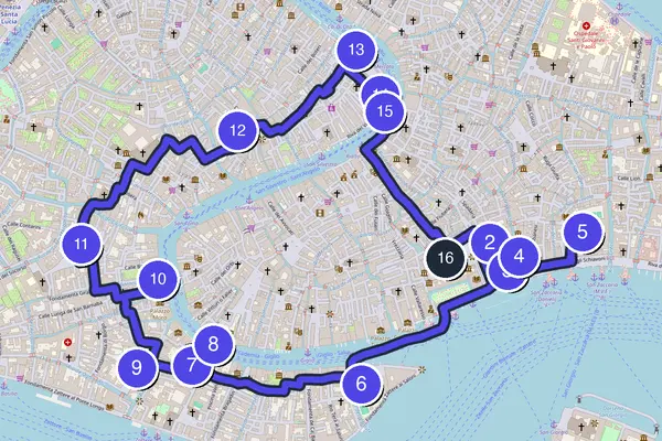 Walking tour route map of Venice