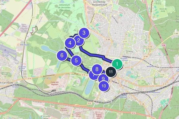 Walking tour route map of Versailles