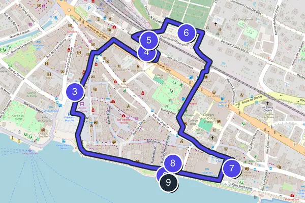 Walking tour route map of Vevey
