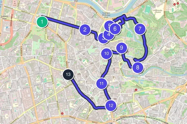 Routenkarte des Stadtrundgangs durch Vilnius