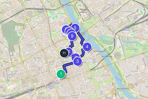 Routenkarte des Stadtrundgangs durch Warschau