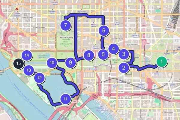 Routenkarte des Stadtrundgangs durch Washington, D.C.