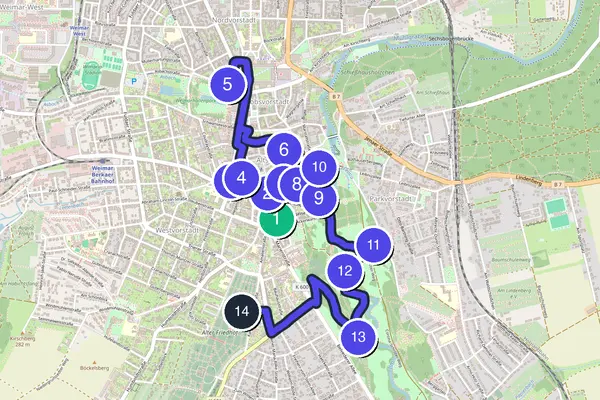 Walking tour route map of Weimar