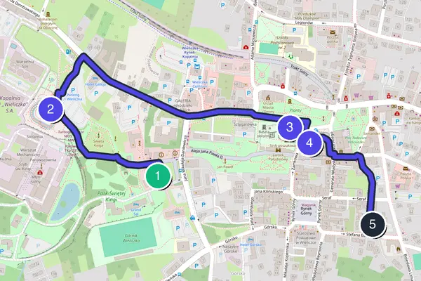Routenkarte des Stadtrundgangs durch Wieliczka