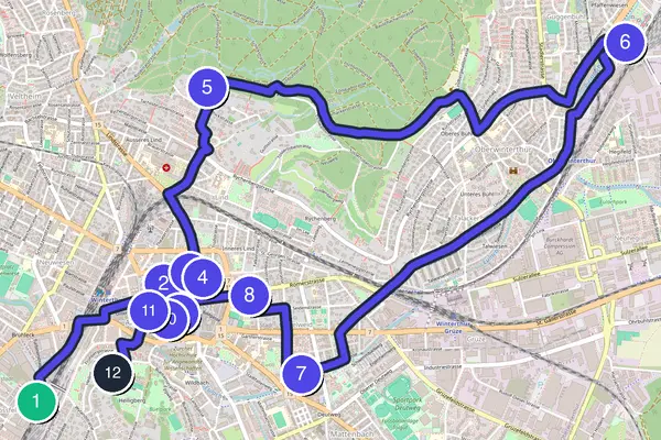 Walking tour route map of Winterthur