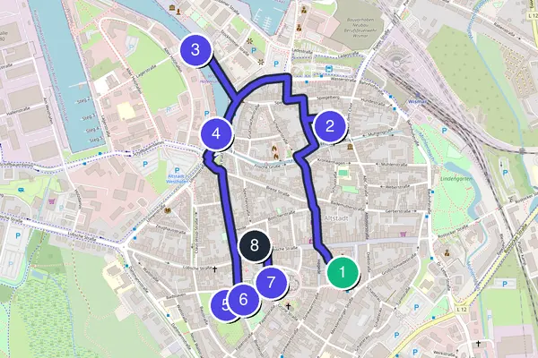Walking tour route map of Wismar