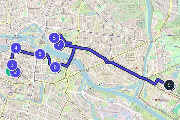 Walking tour route map of Wrocław