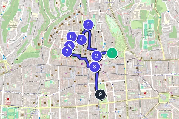Routenkarte des Stadtrundgangs durch Zagreb