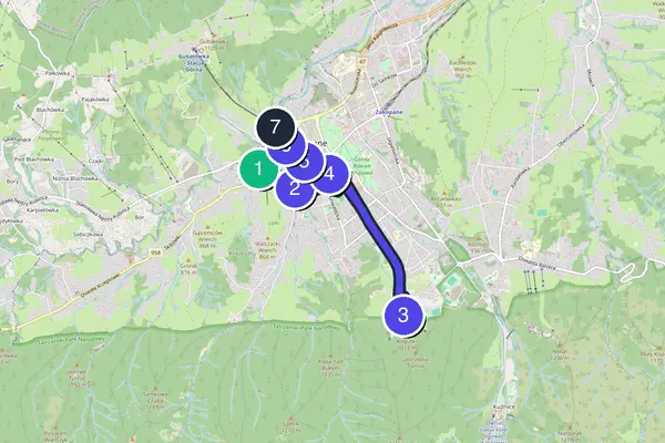 Routenkarte des Stadtrundgangs durch Zakopane