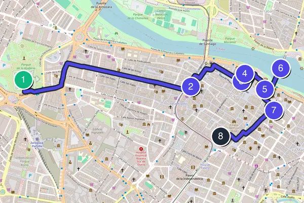 Routenkarte des Stadtrundgangs durch Saragossa