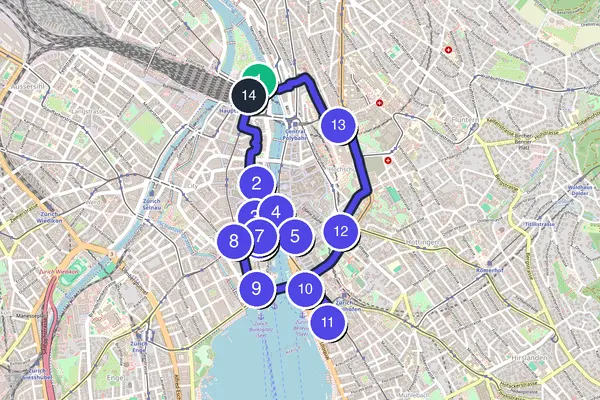 Routenkarte des Stadtrundgangs durch Zürich